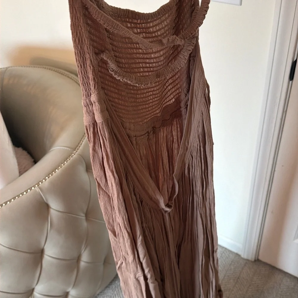 Smocked Bandeau High-Low Maxi Dress in Taupe - Picture 4 of 5